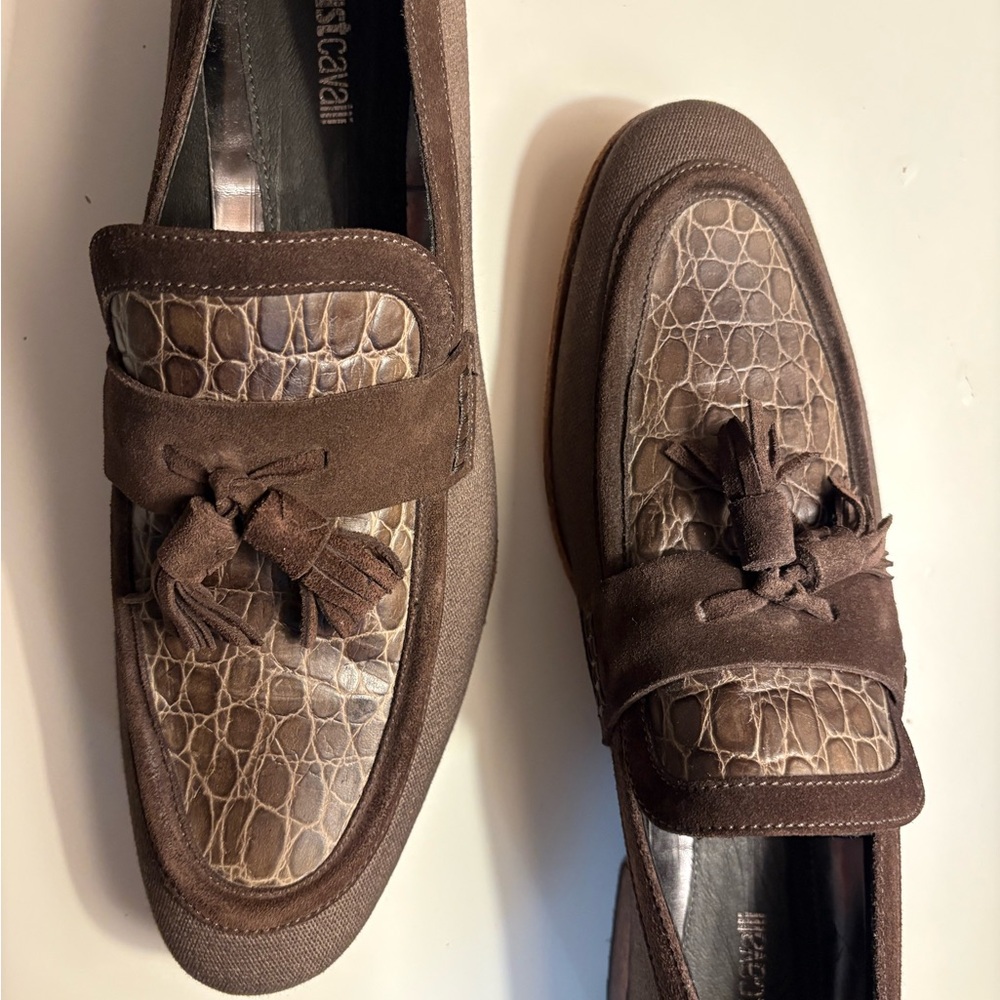 Just Cavalli Men's Brown Leather Loafers with Tassels